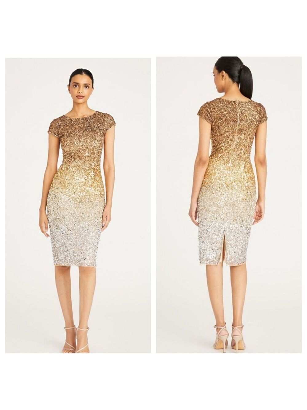 NWT Theia Irma Ombré Sequin Gold and Silver Midi Dress Size 4